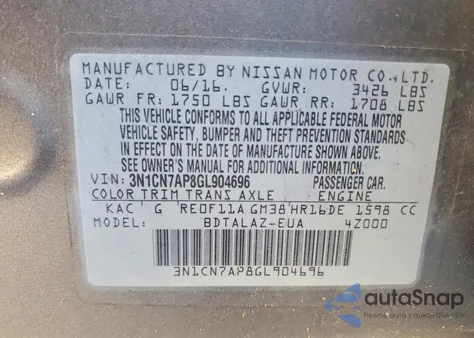 2016 Nissan Versa S z USA, uszkodzony, nr VIN 3N1CN7AP8GL904696